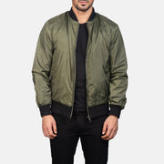 Men's Zack أخضر جاكيت بومبر جلد رجالي in Green Nylon - Front Profile View &amp; Tailored Silhouette | Buy Online