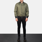 Men's Zack أخضر جاكيت بومبر جلد رجالي - Lateral Side Profile View Showing Sleeve Cut &amp; Athletic Taper Fit
