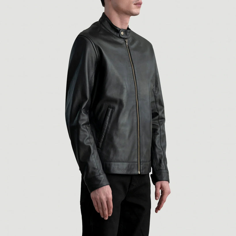 Black Sheepskin Leather Biker Jacket - Back View Showing Tailored Shoulder Fit & Clean Hemline