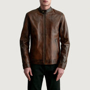 Zen Distressed بني جاكيت بايكر جلد رجالي - Lateral Side Profile View Showing Sleeve Cut &amp; Athletic Taper Fit