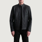 Zen Matte أسود جاكيت بايكر جلد رجالي in Matte Black Cowhide Leather - Front Profile View &amp; Tailored Silhouette | Buy Online