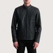 Zen Matte أسود جاكيت بايكر جلد رجالي - Lateral Side Profile View Showing Sleeve Cut &amp; Athletic Taper Fit