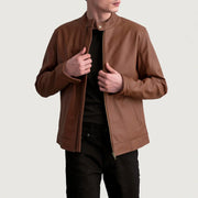 Zen Matte بني جاكيت بايكر جلد رجالي in Matte Brown Cowhide Leather - Front Profile View &amp; Tailored Silhouette | Buy Online
