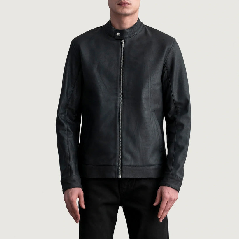 Zen Tumbled Black Leather Biker Jacket in Tumbled Black Sheepskin Leather - Front Profile View & Tailored Silhouette | Buy Online