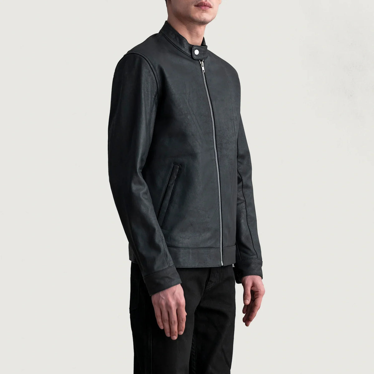 Tumbled Black Sheepskin Leather Biker Jacket - Back View Showing Tailored Shoulder Fit &amp; Clean Hemline